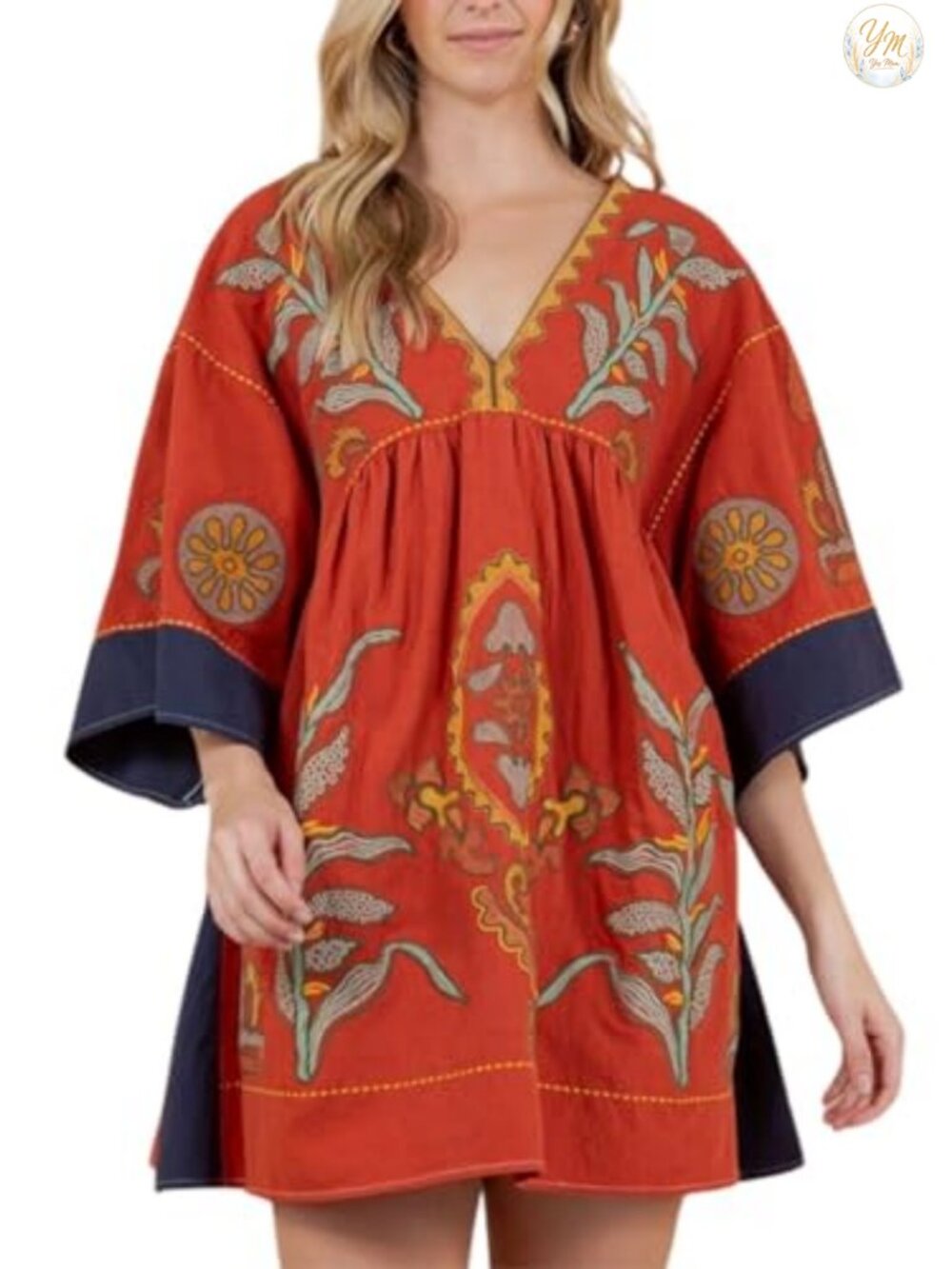 Embroidered Babydoll Mini Dress V-Neck 3/4 Sleeve Boho